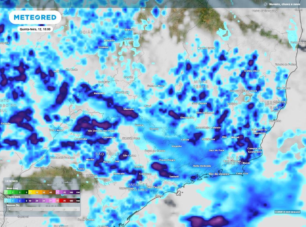 Previsão de precipitação (em mm) para a quinta-feira (12) à tarde (15h), segundo o modelo europeu ECMWF.