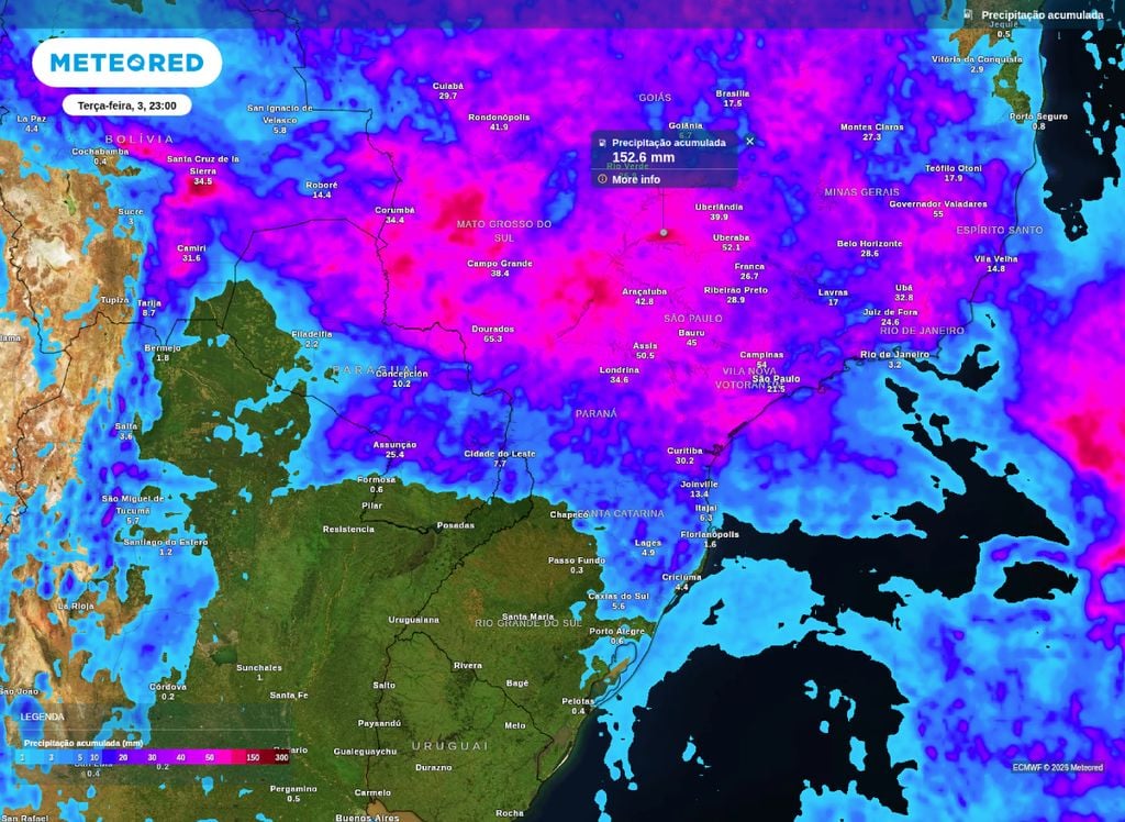 Previsão de chuva acumulada até a noite de terça-feira (3) no centro-sul do Brasil.