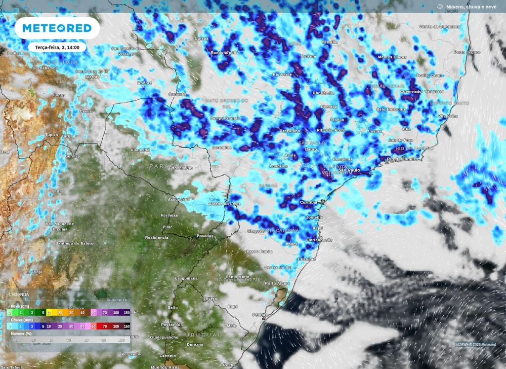 Previsão de chuva e nebulosidade para o centro-sul do Brasil na tarde desta terça-feira (3).