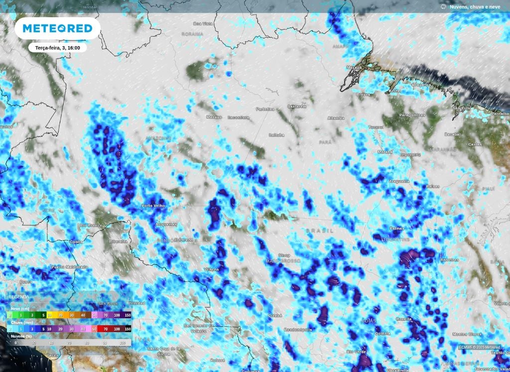 Previsão de chuva e nebulosidade para o centro-norte do Brasil na tarde desta terça-feira (3).