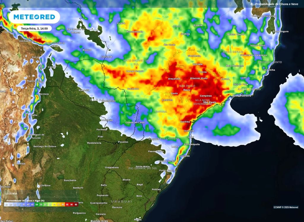 Mapa de chances de chuva na tarde desta terça-feira (3).