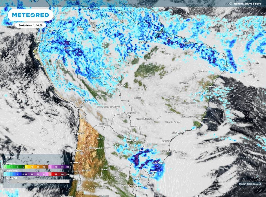 Previsão de precipitação (em mm) e nebulosidade para sexta-feira (1º) à tarde (16h), segundo o modelo europeu ECMWF.