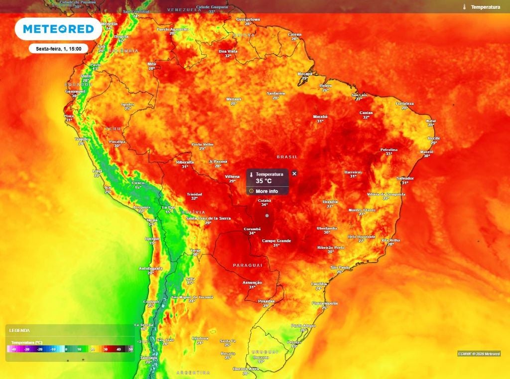 Previsão da temperatura do ar (em °C) para a tarde (15h) de sexta-feira (1º de maio), segundo o modelo europeu ECMWF.