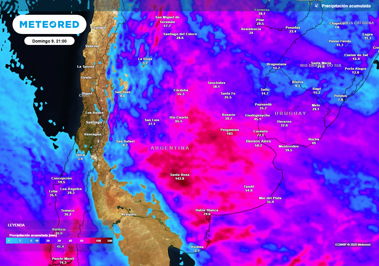 Acumulados de lluvia previstos hasta el próximo domingo según nuestro modelo de referencia ECMWF