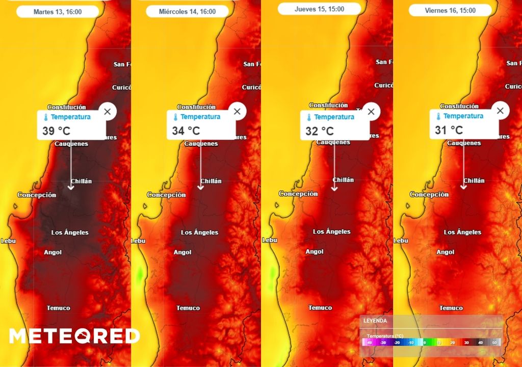 Temperaturas máximas previstas por el modelo del ECMWF para el centro sur de Chile