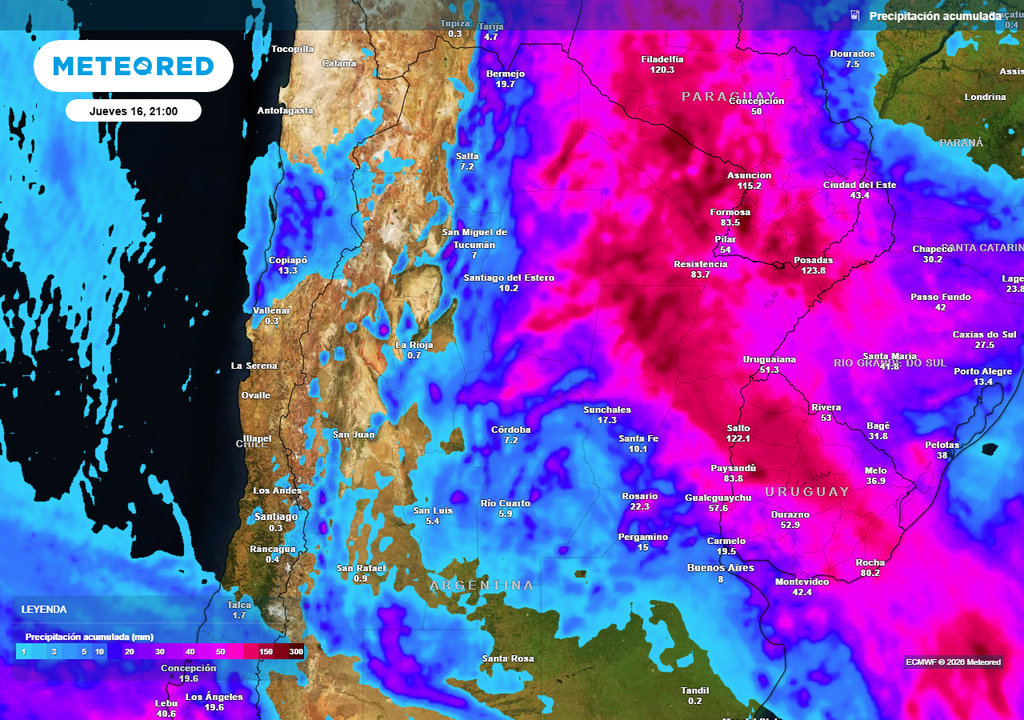 Lluvia, Tormenta, Viento, Temperatura, Alerta, Buenos Aires, Córdoba, Litoral, Argentina, Pronóstico, Clima, Tiempo Acumulados de lluvia previstos hasta el próximo jueves según nuestro modelo de referencia ECMWF