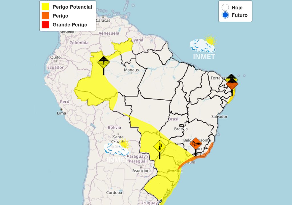 Mapas de alertas emitidos pelo INMET para a terça-feira.