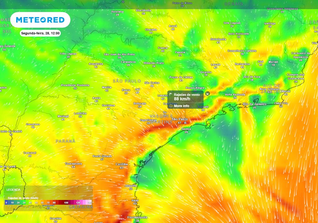 Previsão de velocidade dos ventos nesta segunda-feira durante a tarde.