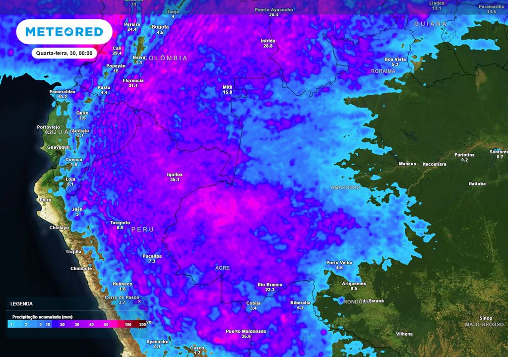 Previsão de acumulados totais de chuva na região norte até o final da terça-feira.