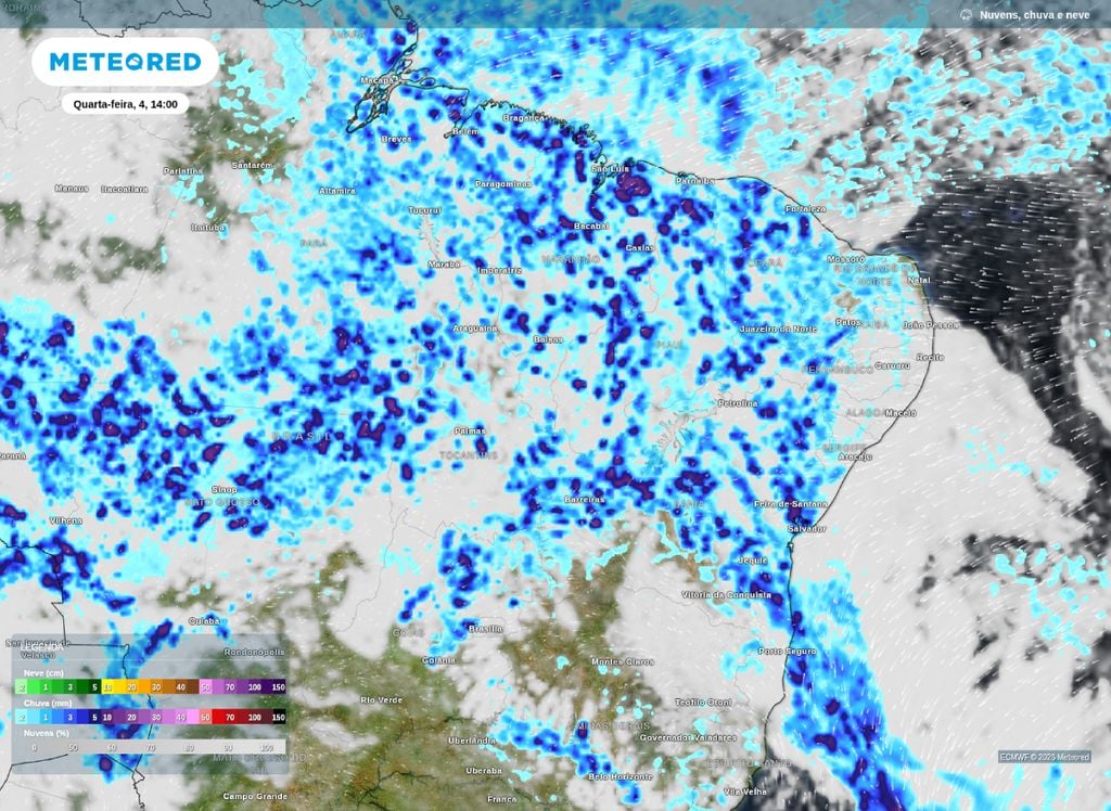 Precipitação e nebulosidade prevista para a tarde desta quarta-feira (4).