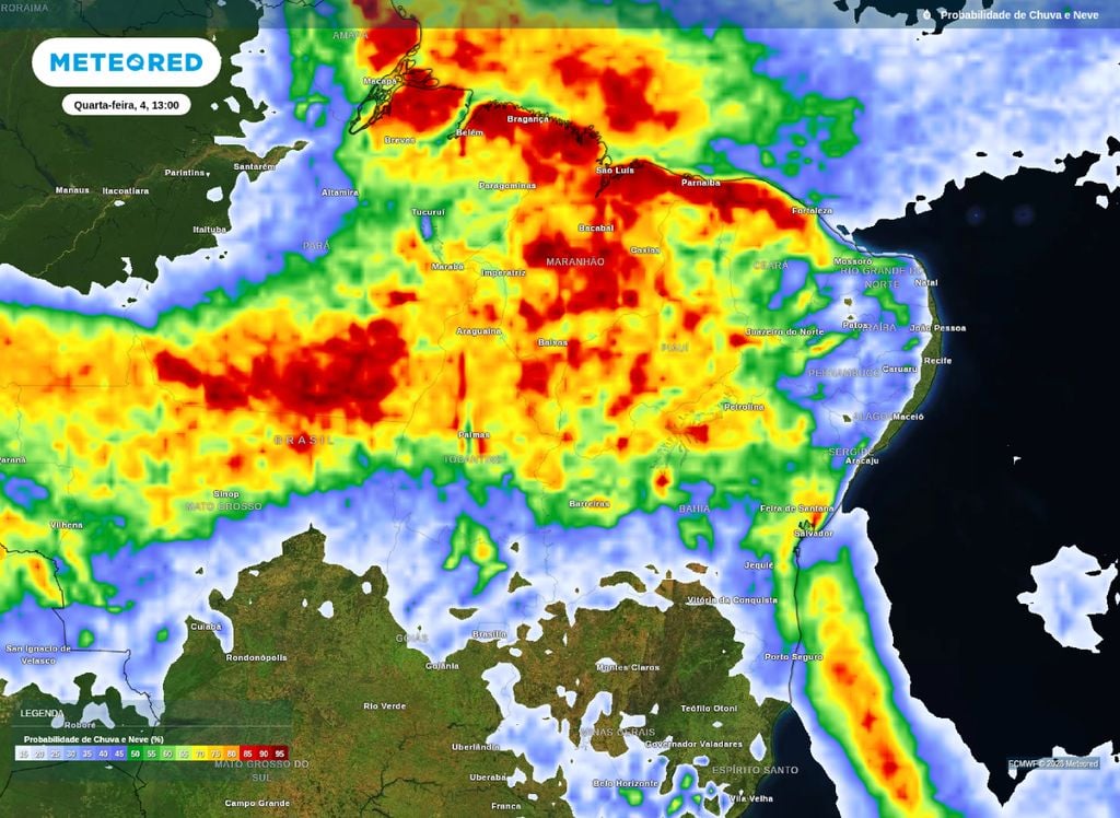 Probabilidade de chuva para a tarde desta quarta-feira (4), segundo o modelo ECMWF.