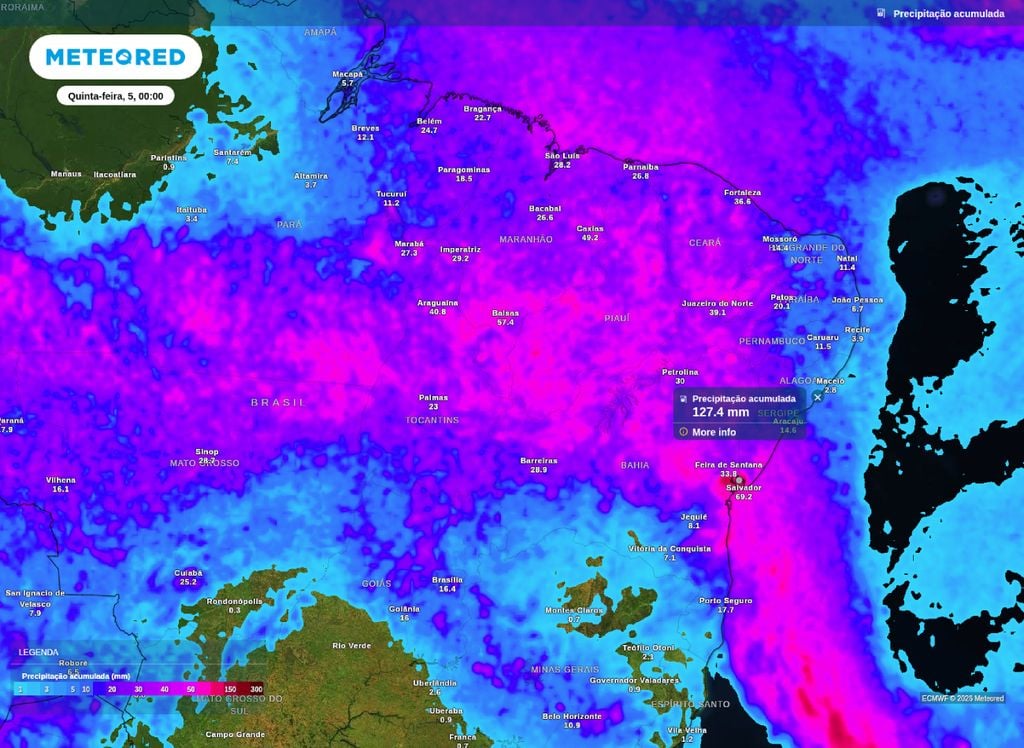 Precipitação acumulada para esta quarta-feira (4) supera os 100 mm na BA, de acordo com modelo de confiança da Meteored.