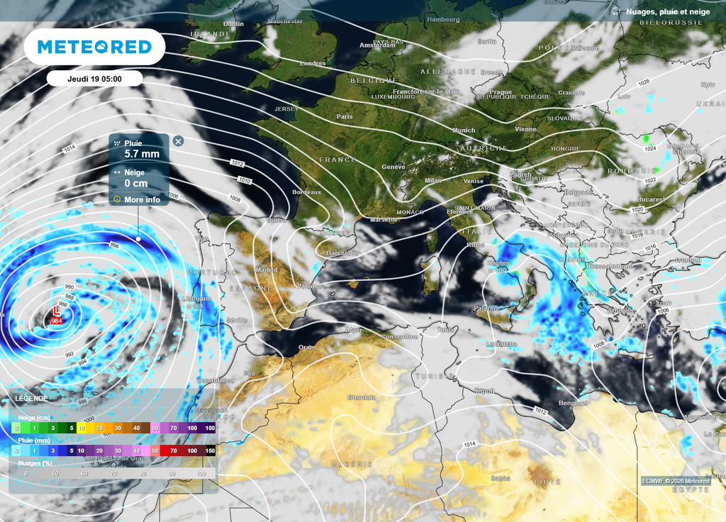 Jeudi, la dépression Thérèse sera située vers les Açores, et elle prendra la direction de Madère, avec une pression en son centre estimée à 984 hPa.