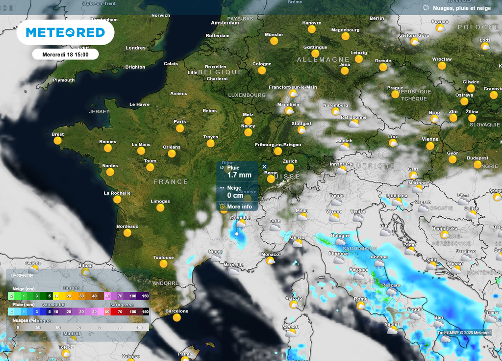 Mercredi, seules les régions du Sud-Est connaîtront une dégradation nuageuse et localement pluvieuse, avec un renforcement du vent.
