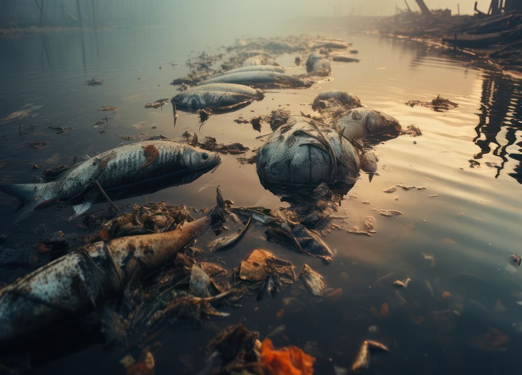 peces muertos en la superficie del agua, en una zona contaminada