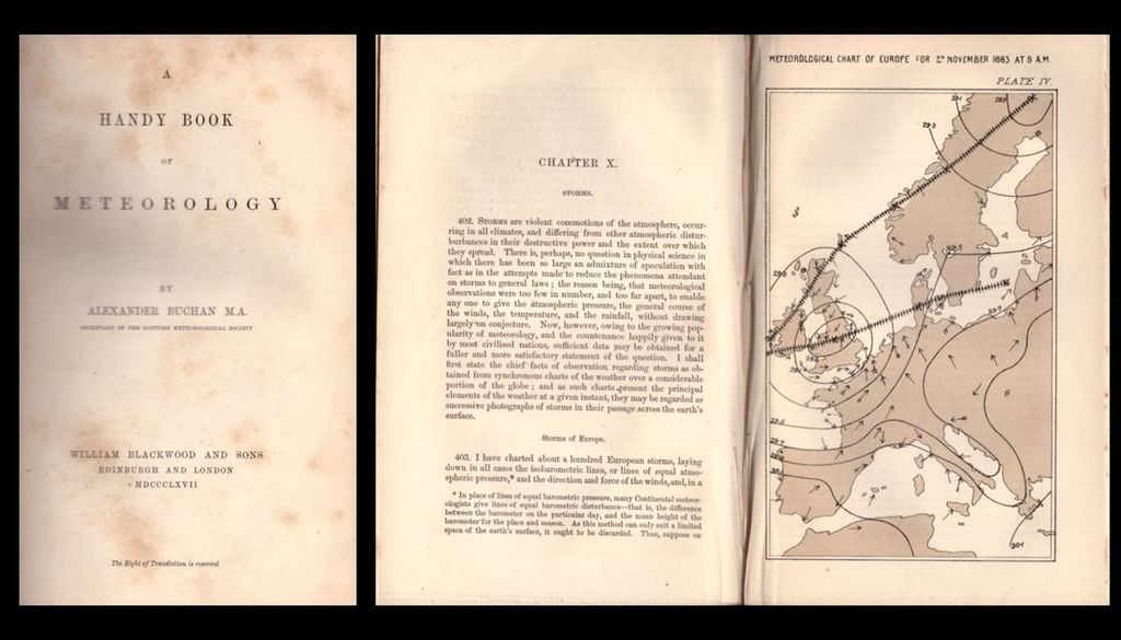 Portadilla y las dos primeras páginas del capítulo X de la primera edición del Manual de Meteorología de Alexander Buchan, publicado en 1867.
