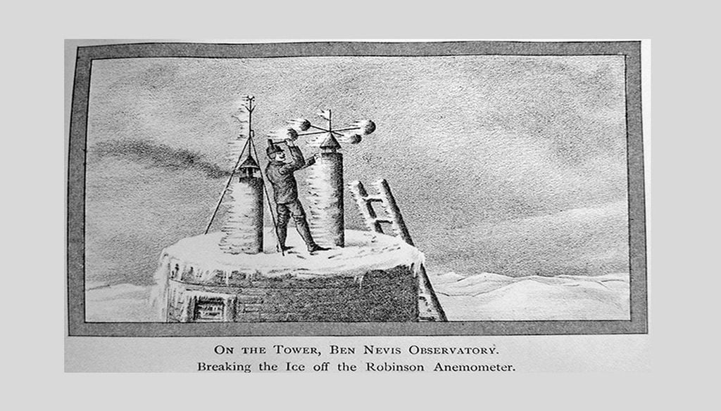 Grabado de la Torre del Observatorio Meteorológico de Ben Nevis, en Escocia, con mucho hielo acumulado en los instrumentos y un meteorólogo tratando de liberar del mismo el anemómetro. Fuente: The Observatory Experiment de Simon Naylor (2024).