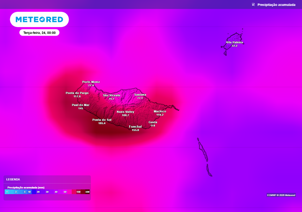 Previsão da distribuição da chuva acumulada na Região Autónoma da Madeira até à meia-noite da próxima terça-feira, 24 de março.
