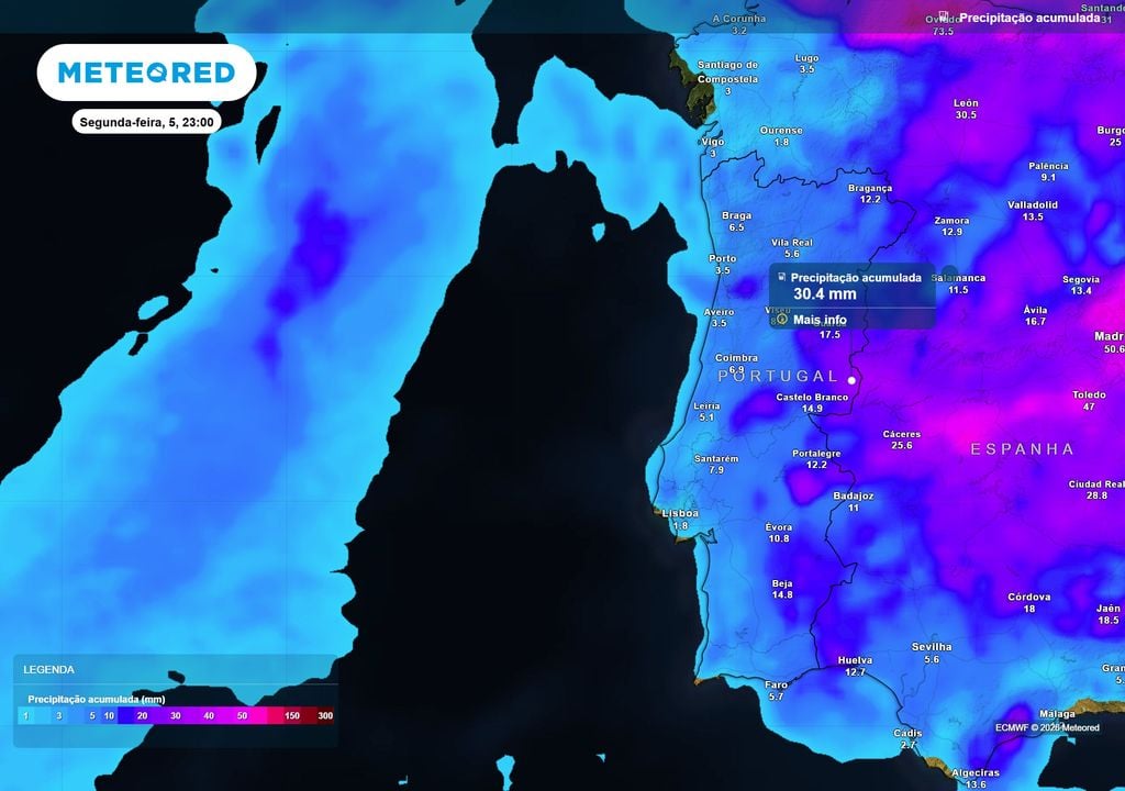Neste momento o modelo ECMWF coloca Castelo Branco como o distrito onde poderão ser registados os acumulados de precipitação mais significativos até às 23:00 de segunda-feira, 5 de outubro.