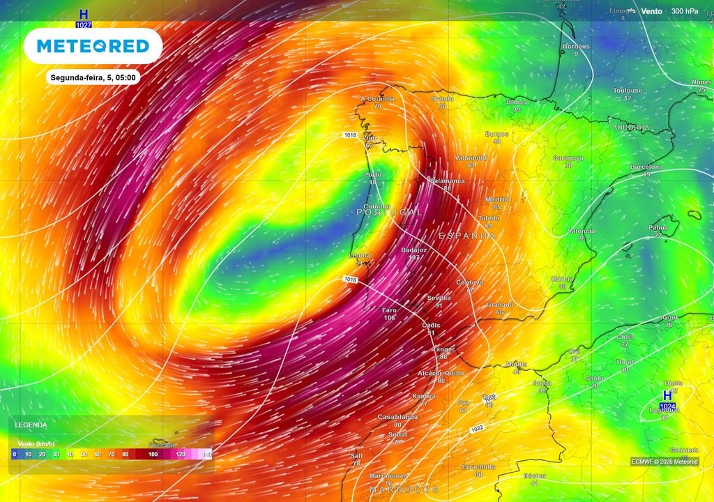 No domingo, 4 de outubro, a gota fria ganhará forma gradualmente. O movimento ciclónico do vento previsto a 9000 metros de altitude e gerado pela sua circulação já será especialmente visível nos mapas de segunda-feira, dia 5, a oeste de Portugal continental .