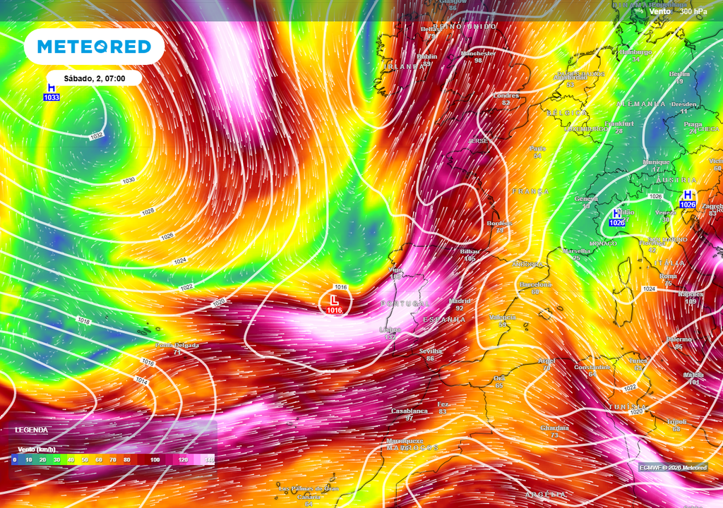 Neste mapa de previsão para sábado, 2 de maio, às 07:00 da manhã, observa-se o sistema depressionário a perder organização, mas ainda muito ativo e a ser reabsorvido na corrente de jato polar.