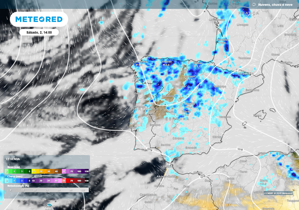 No sábado (2) prevê-se que a depressão seja reabsorvida na circulação principal, evoluindo para uma região mais alongada de baixas pressões e traduzindo-se à superfície em aguaceiros em várias regiões, podendo ser acompanhados de trovoada.
