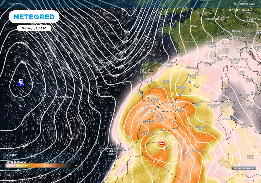 É possível que uma depressão centrada entre Marrocos, Mauritânia e Argélia impulsione e intensifique a concentração de poeiras do Saara em suspensão sobre a Península Ibérica no próximo domingo, 1 de março.