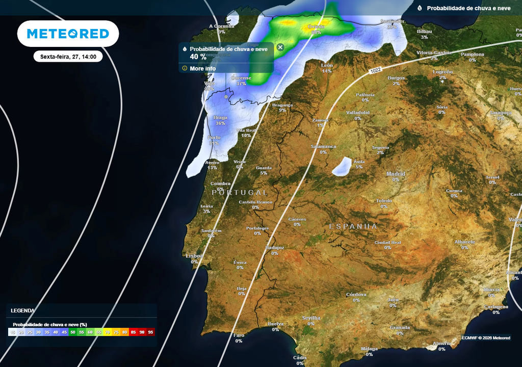 Poderá chover de forma fraca e dispersa no Norte de Portugal continental na sexta-feira (27), especialmente nas regiões a oeste da Barreira de Condensação.