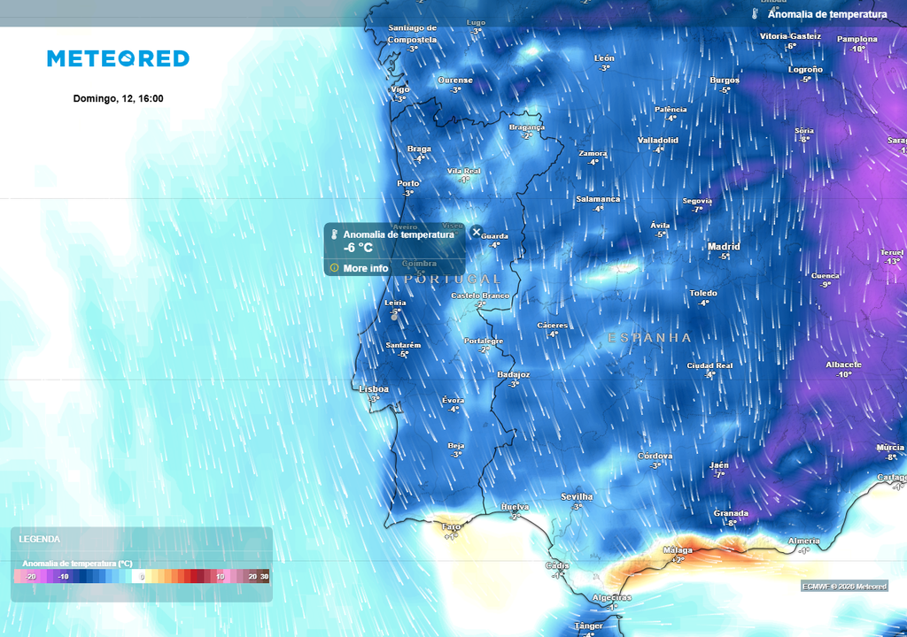 Em pleno período diurno do próximo domingo, 12 de abril, preveem-se anomalias térmicas negativas praticamente de norte a sul de Portugal continental (-1 ºC até -6 ºC). Anomalias de temperatura correspondem à diferença entre o valor previsto e o valor médio das normais climatológicas de referência, que pode ser superior ao normal (anomalia positiva) ou inferior ao normal (anomalia negativa).