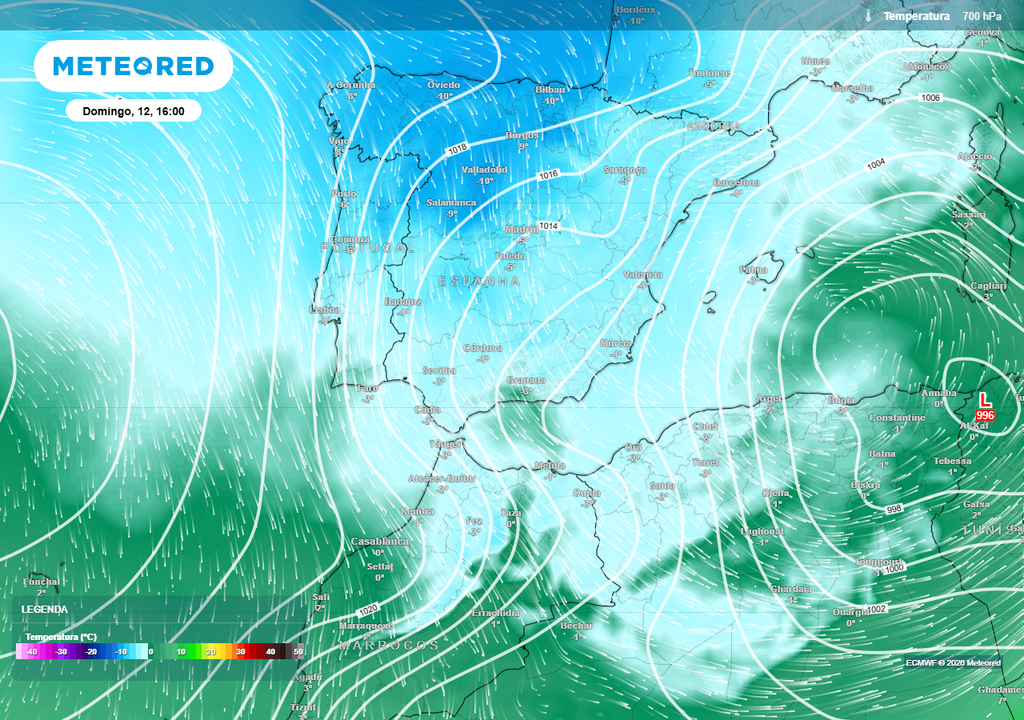 Neste mapa de previsão da temperatura do ar a cerca de 3000 metros de altitude para domingo, 12 de abril, observa-se a presença do ar polar que descerá em latitude até alcançar a Península Ibérica, provocando uma descida acentuada das temperaturas.