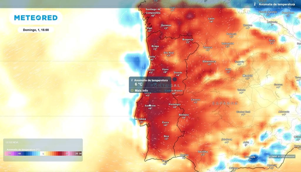 Em pleno mês de novembro preveem-se temperaturas até 6 ºC acima da média, um valor bastante significativo. As anomalias térmicas positivas abrangerão a totalidade de Portugal continental no dia 1 de novembro.
