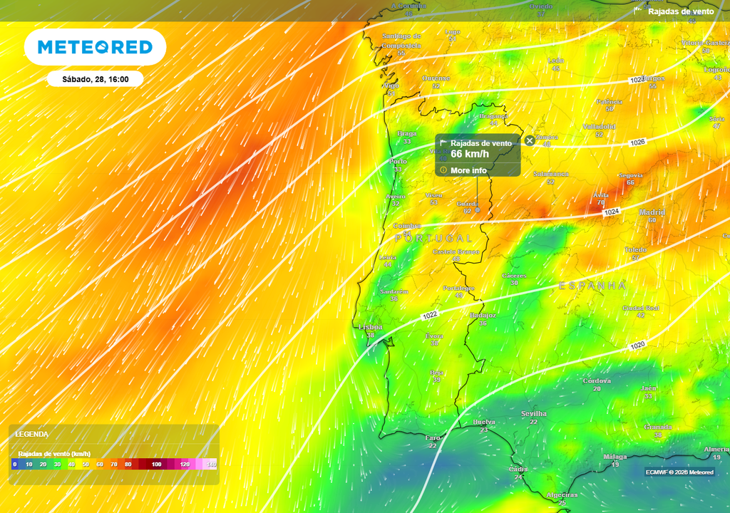 Fortes rajadas de vento associadas à circulação de nordeste no sábado, 28 de março, no interior Norte e Centro e no Alto Alentejo.