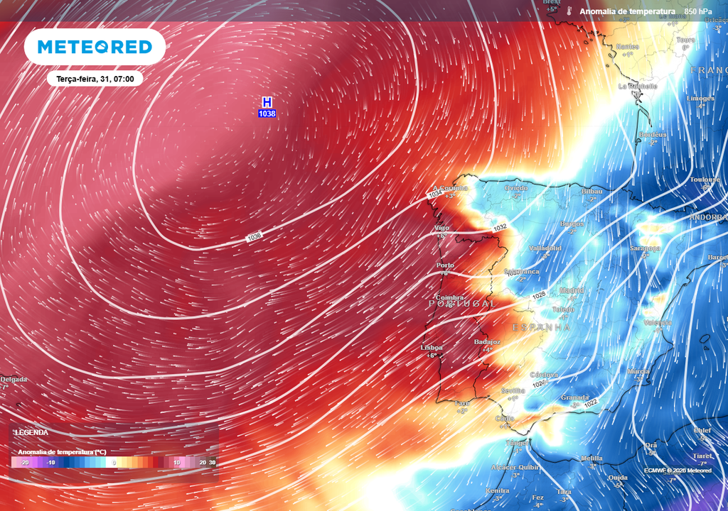 A subsidência atmosférica (anticiclone) limita a formação de nuvens e favorece o aquecimento da superfície. Neste sentido, a presença muito próxima e robusta das altas pressões será favorável à subida das temperaturas para valores acima do normal para a época do ano, especialmente a partir da Terça-feira Santa (31).