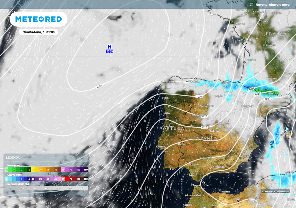 Anticiclone robusto a noroeste da Península Ibérica irá impedir a formação de nuvens, traduzindo-se em céu limpo ou pouco nublado em Portugal continental pelo menos durante a primeira metade da Semana Santa 2026.