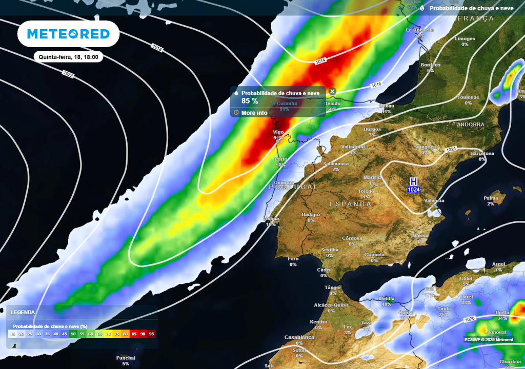 A partir do meio da tarde de quinta-feira (18) preveem-se os primeiros períodos de chuva no Noroeste de Portugal continental, gerados pela nova frente fria.