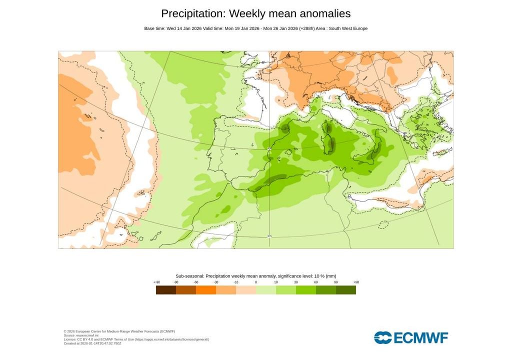 O território de Portugal continental estará ‘coberto’ na íntegra por uma anomalia de precipitação positiva (0 a 10 mm) na semana de 19 a 26 de janeiro, segundo o modelo ECMWF.