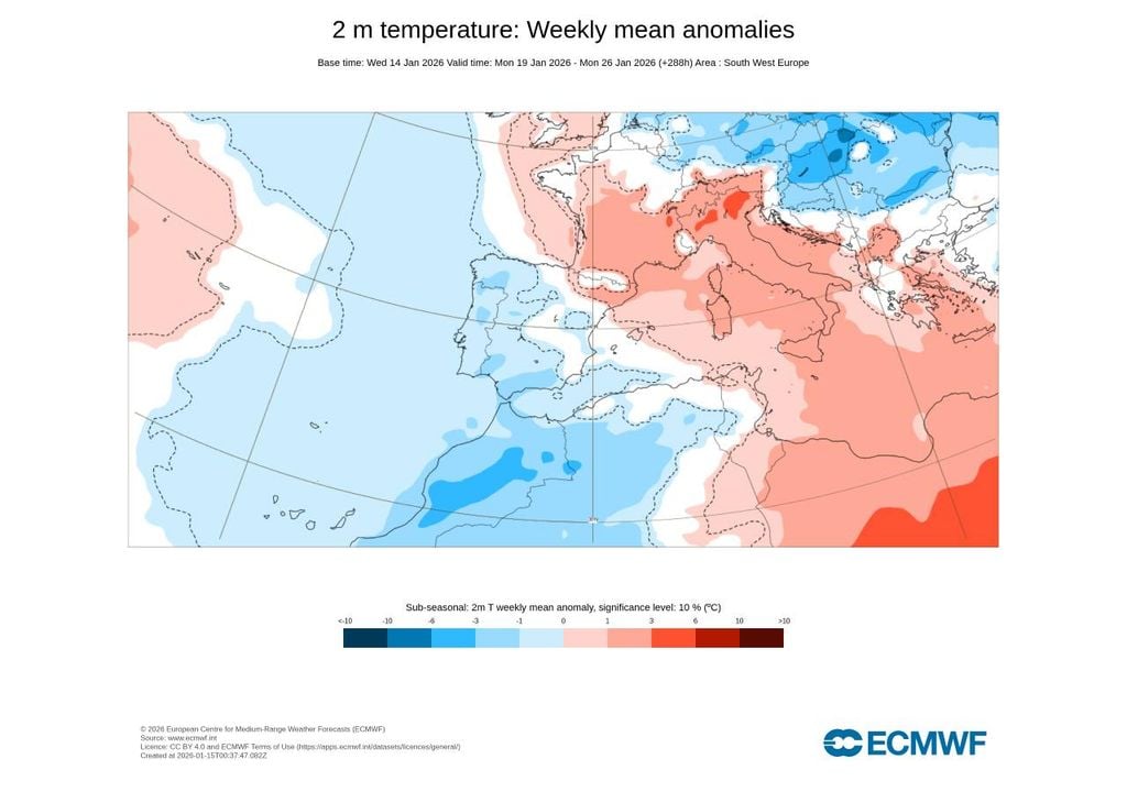 Para a semana de 19 a 26 de janeiro o modelo Europeu antecipa uma anomalia térmica negativa, geralmente pouco expressiva em Portugal continental e no arquipélago da Madeira, embora se detetem algumas exceções. Isto significa que o tempo estará ligeiramente mais frio do que seria de esperar nesta época do ano.