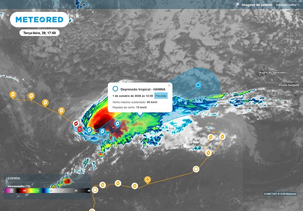 Nesta imagem de satélite da EUMETSAT - Meteored podemos observar alguns dos dados atualmente previstos para as 12:00 de quinta-feira, 1 de outubro, em relação à futura depressão tropical Hanna. Primeiro rodopiará para es-sudeste e posteriormente para es-nordeste, numa trajetória que deverá levá-la em direção aos Açores.