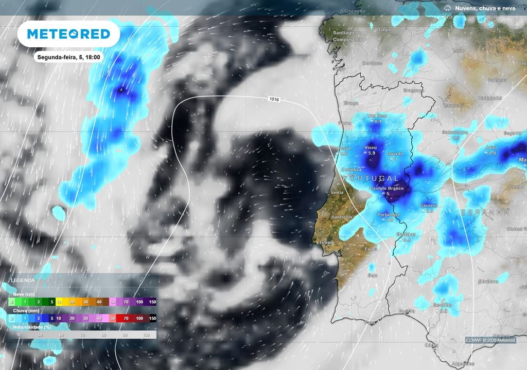 Possível distribuição horária da chuva às 18:00 de segunda-feira, 5 de outubro.