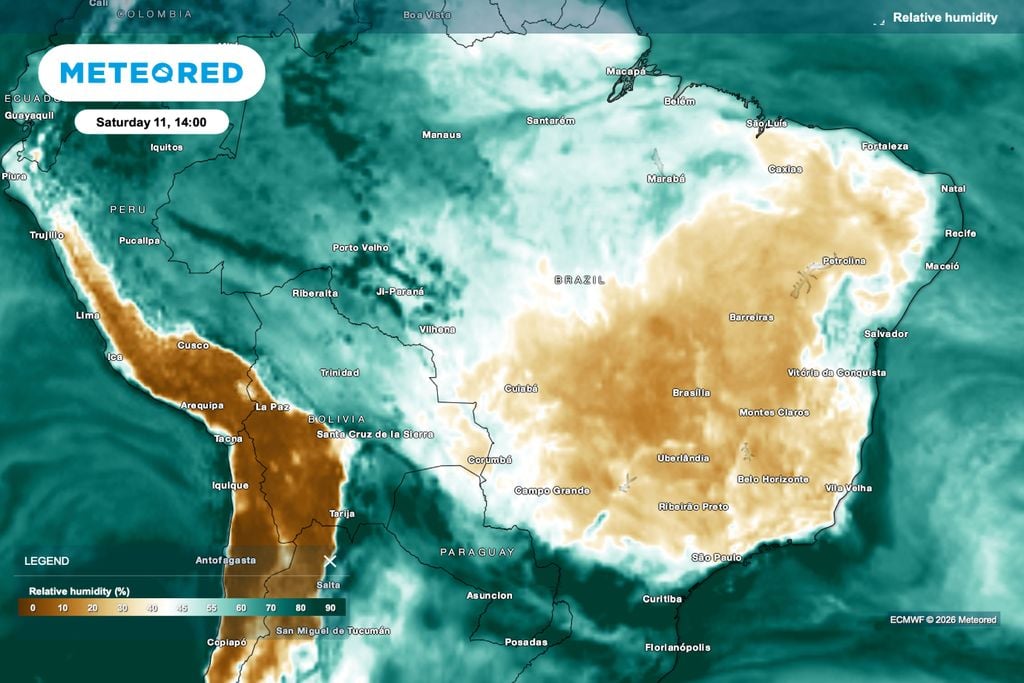 umidade, risco, algodão No sábado à tarde, a umidade do ar cai para menos de 30% em grande parte do Centro-Oeste e MATOPIBA, exigindo atenção com aplicações e risco de incêndio nas áreas de algodão.