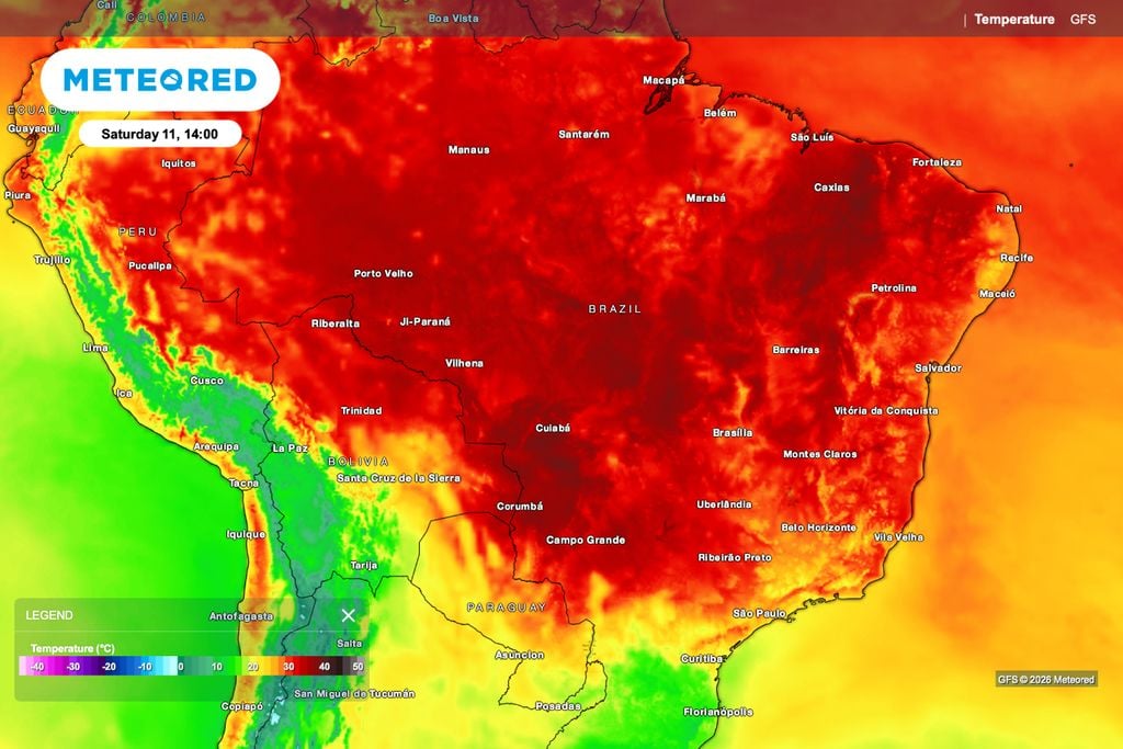 temperaturas altas, temperatura, calor No sábado à tarde, o calor intenso domina MT, GO e MATOPIBA, com temperaturas próximas de 40°C em algumas áreas produtoras de algodão.