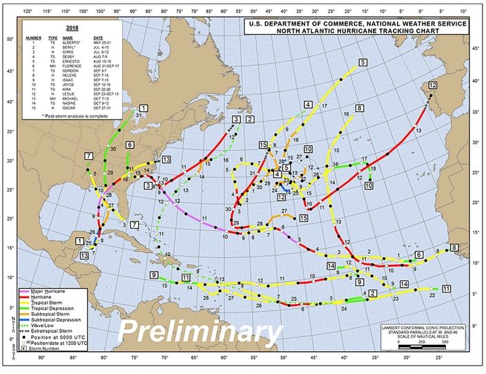 Foto 1: Trayectorias de los ciclones tropicales nombrados en la estación 2018 del Atlántico según datos preliminares a fecha de 30 de noviembre.
