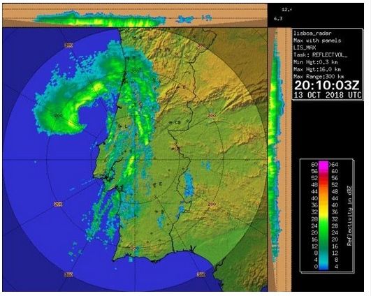 Foto 4: Imagen de radar de reflectividad de las zonas de precipitación de Leslie cerca de las costas portuguesas el 13 de octubre de 2018. IPMA Foto 4: Imagen de radar de reflectividad de las zonas de precipitación de Leslie cerca de las costas portuguesas el 13 de octubre de 2018. IPMA