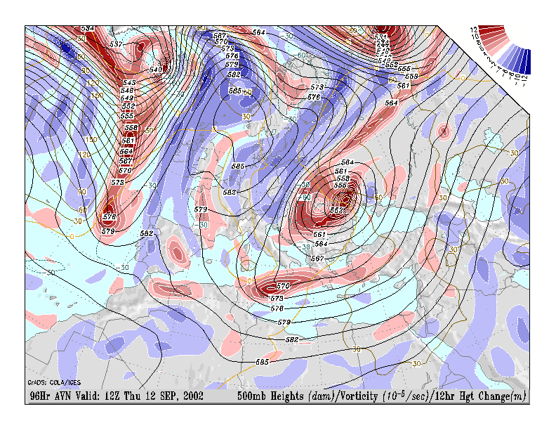 Algunas Consideraciones Dinámicas De La Atmósfera: Vorticidad, Advección De Vorticidad Y Forzamiento Dinámico (Parte I) Mapa de geopotencial, en línea continua, y de vorticidad en 500 hPa. Zonas de colores cálidos o rojos representan áreas donde existe vorticidad ciclónica (por curvatura o cizalladura) y positiva. Zonas en colores fríos o azules representan áreas anticiclónicas o con valores negativos de vorticidad. La vorticidad se mide en seg.-1.