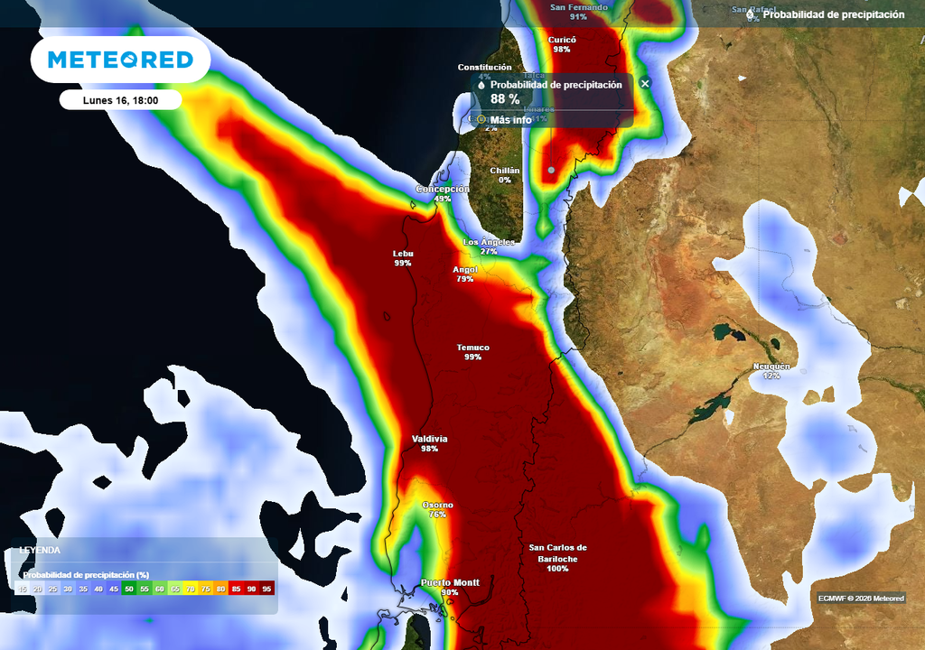 Probabilidad de precipitación (%) para la tarde del lunes 16 de marzo 2026 en Chile centro-sur.