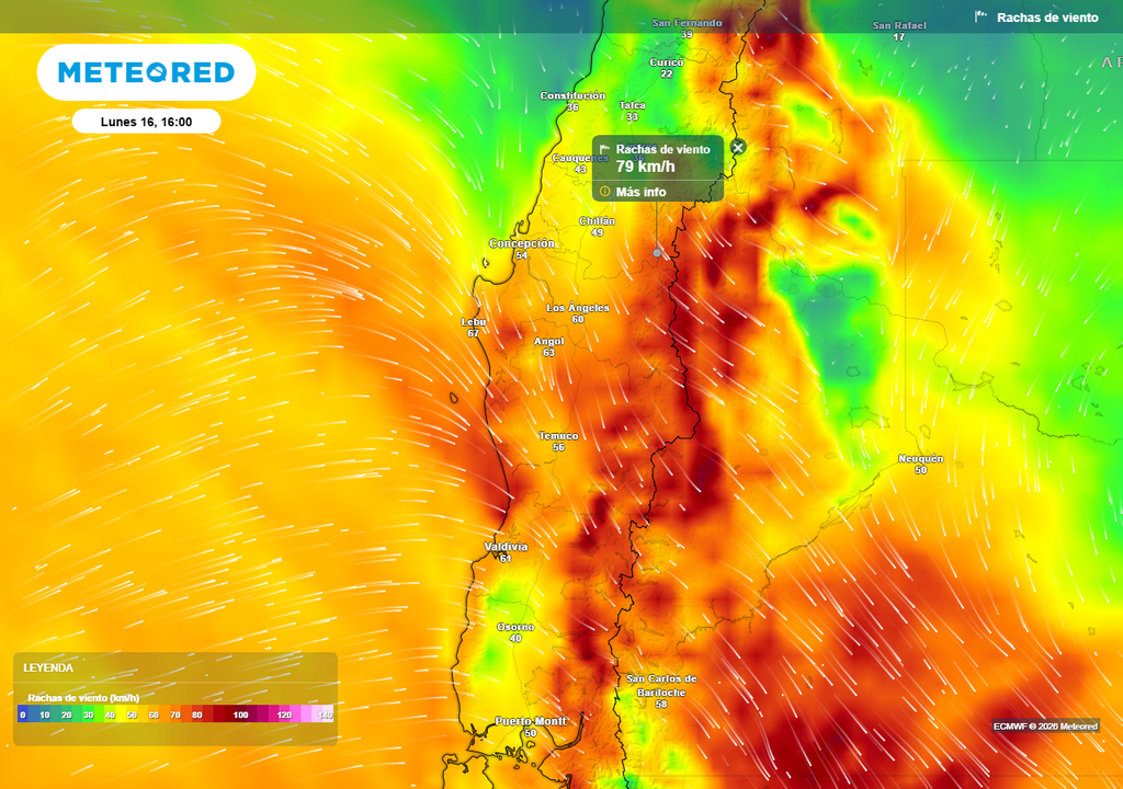 Rachas de viento (km/h) para la tarde del lunes 16 de marzo 2026 en Chile centro-sur.