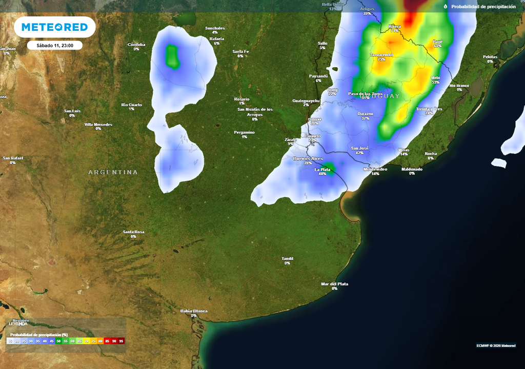 Probabilidades bajas de precipitación este sábado a la noche sobre el noreste de Buenos Aires.