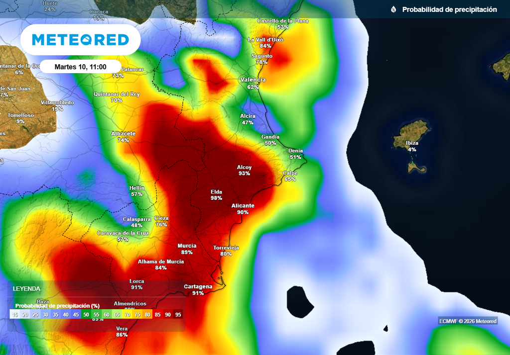 En lo que queda de martes lloverá en amplias zonas del sureste, las Pitiusas, Ceuta y Melilla, aunque la situación más complicada se espera en Alicante.