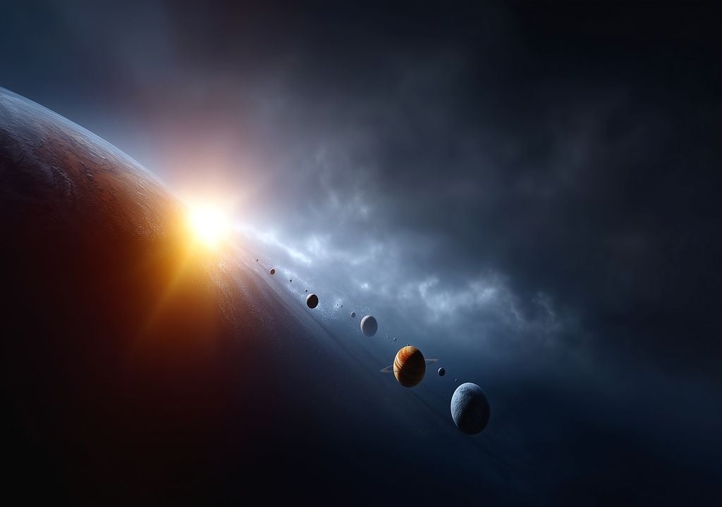 La alineación planetaria del 28 de febrero permitirá observar seis planetas tras el atardecer si el cielo está despejado y se mira hacia el horizonte adecuado. Imagen: simulación con IA.