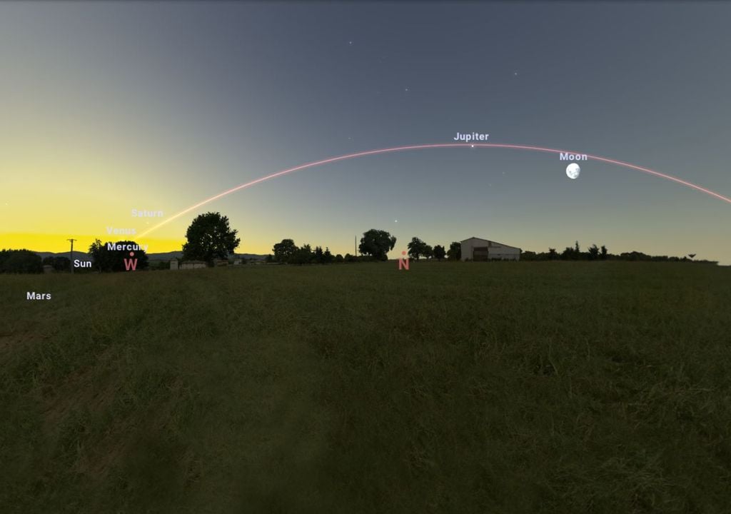 En la tarde noche del sábado 28 de febrero, la alineación planetaria se verá en forma de arco: se observarán a simple vista solo cuatro de ellos. Crédito: Stellarium